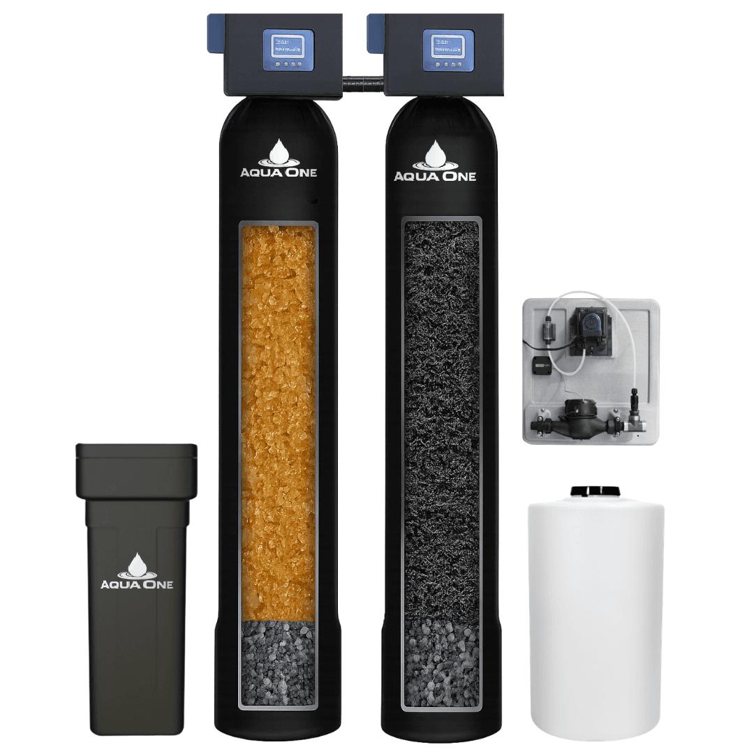 Aqua One well water system - oxidizing filtration ahead of the softening tank, with brine and solution tanks